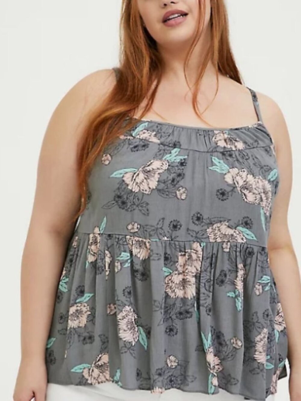 Torrid Grey Floral Gauze Shirred Babydoll Cami